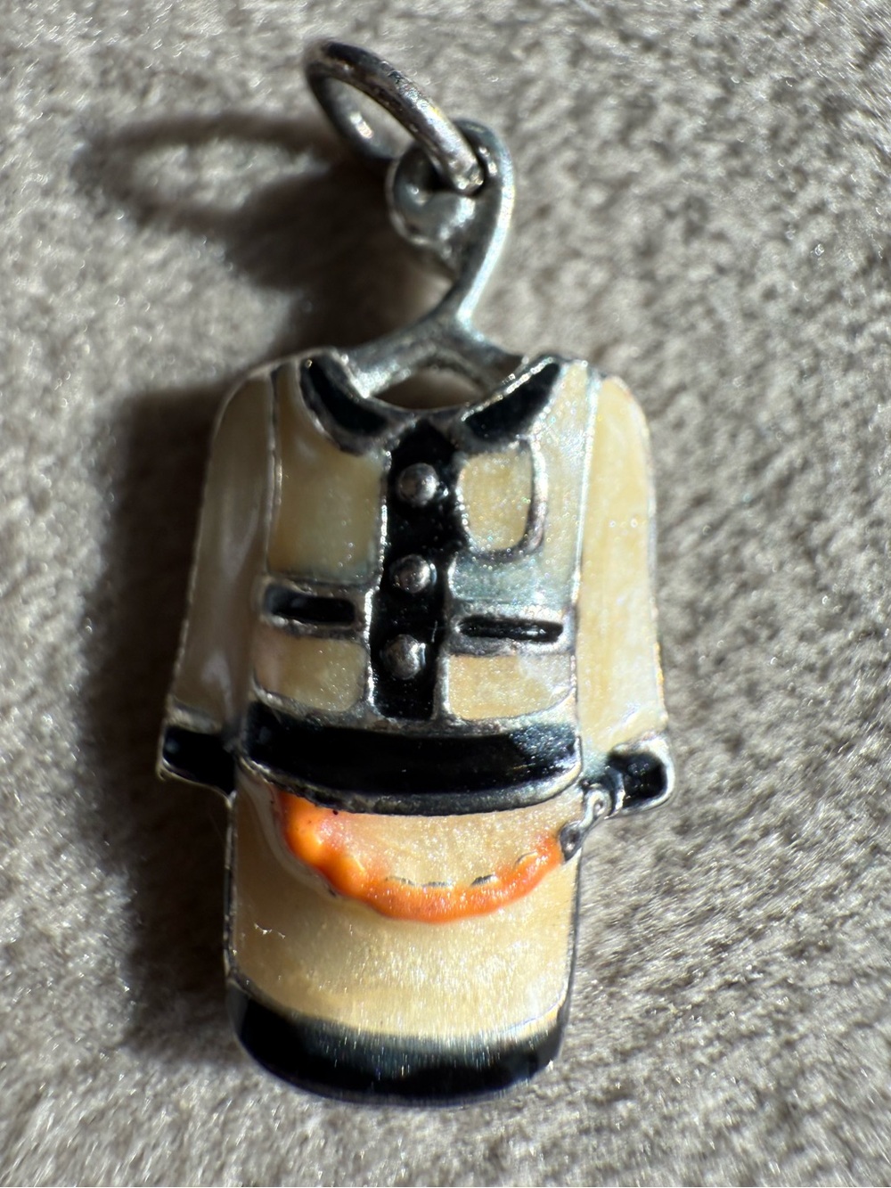 Enamel Dress Charm Pendant - Cream & Black with Orange Detail